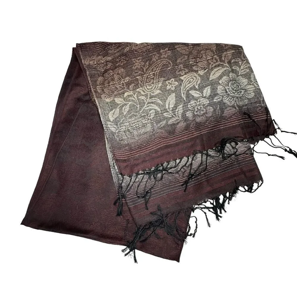 Pashmina Brown 100% Cashmere Floral Paisley Tasseled Shawl Scarf Wrap 28”x 66”